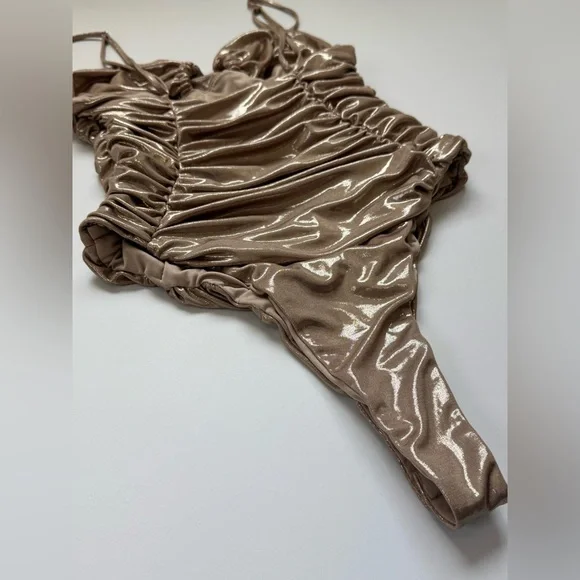 Zara Metallic Gold Slick Ruched Bodysuit Party Glam Statement Piece M Sleeveless - Picture 7 of 11